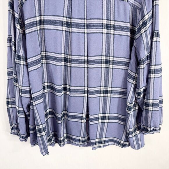 Lane Bryant Plus Size 22 24 Top Plaid Blue Soft Bishop Sleeve V Neck‎ 493 - Picture 7 of 9